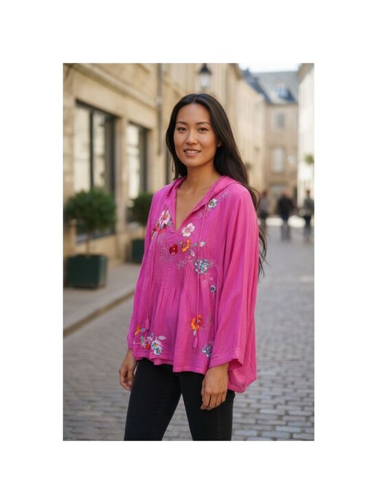 Johnny Was Tops - Johnny Was XL (21” PTP) Fuchsia Multicolor Floral Embroidered Tunic Blouse